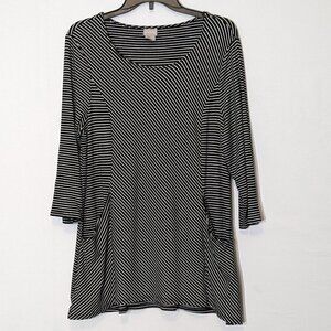 CHICO'S Black w White Stripes Long Flared Knit Tunic Dress w Pockets; Size 12